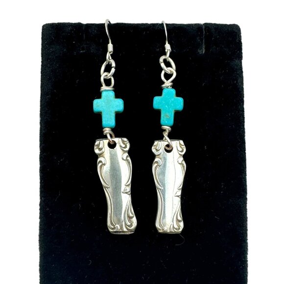 Vintage Spoon Handle Earrings With Turquoise Cross Accents & 925 Silver Hooks - Picture 1 of 12